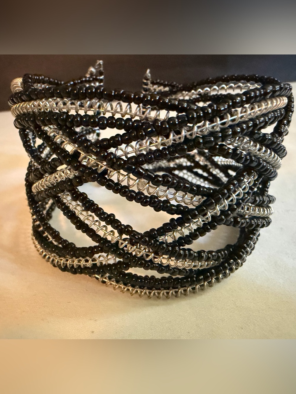 Hand Crafted Adjustable Black and Silver Beaded Multi-Strand Wrap Cuff Bracelet